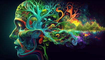 Surreal human profile with an intricate tree of life - A fantastical depiction of a human profile with a vibrant, colorful brain transforming into an intricate tree, representing growth and creativity - obrazy, fototapety, plakaty