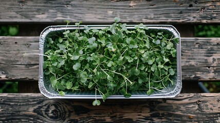 Aluminum tray holding vibrant green microgreens - A full aluminum tray beautifully displaying a bountiful harvest of fresh and nutritious microgreens, ready for culinary use - obrazy, fototapety, plakaty