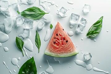 Watermelon slice among ice cubes and leaves - A fresh slice of watermelon surrounded by scattered ice cubes and vibrant green leaves against a white background - obrazy, fototapety, plakaty