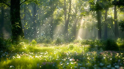 Sunlight filters through the trees in a beautiful spring forest scene, casting light on the vibrant green grass and ground's wildflowers, perfect for an overlay of text.