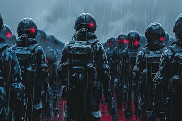 Futuristic soldiers in rainy dystopia - A group of futuristic soldiers stand in formation in a dark, rain-soaked dystopian setting, eyes glowing - obrazy, fototapety, plakaty