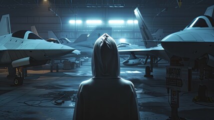 Woman facing hangar full of fighter jets - A hooded woman stands facing a well-lit hangar housing advanced fighter jets in a reflective pose - obrazy, fototapety, plakaty