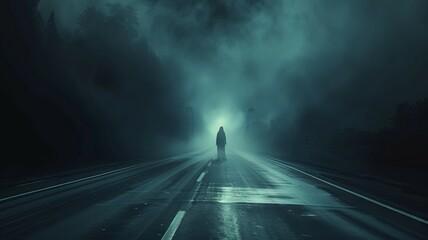 Mysterious figure standing on foggy road - A lone figure stands in the middle of a fog-laden road with streetlights barely cutting through the dense mist, creating an eerie atmosphere - obrazy, fototapety, plakaty