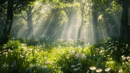 Obraz premium Sunlight filters through the trees in a beautiful spring forest scene, casting light on the vibrant green grass and ground's wildflowers, perfect for an overlay of text.