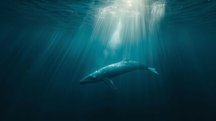 Fototapeta premium Majestic Blue Whale Swimming Underwater - A serene underwater shot capturing the magnificence of a lone blue whale, illuminated by sunbeams piercing through the ocean's surface