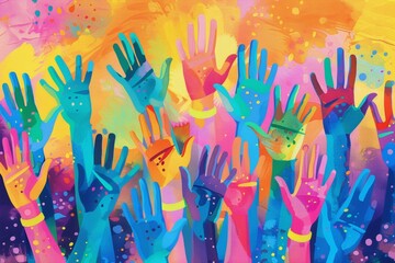 Colorful hands up people from different races and nations