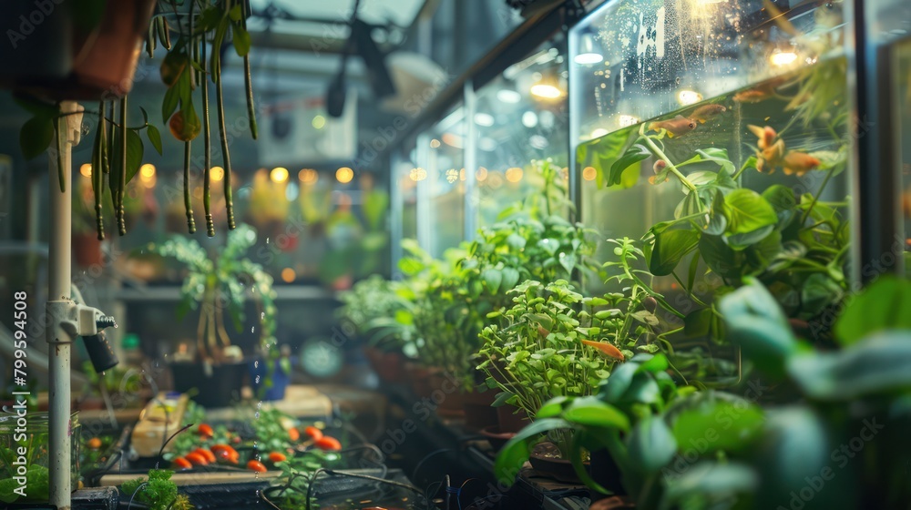 Wall mural modern vegetable farming in a greenhouse with neon lights.