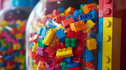 Gumball machine filled with bright Lego bricks, playful and creative, bold primary colors,