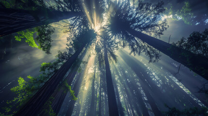 National Park, Crepuscular rays through tallest trees, Magazine Photography,