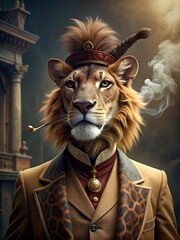 a man in a suit with a lion head and a cigar in his mouth.