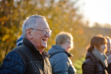 Portrait of happy senior man with his family in autumn park.
