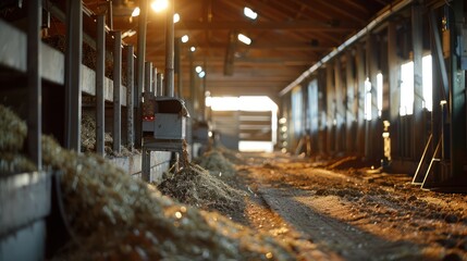 Interior view of traditional cattle farm barn with wooden fence and straw food scraps - obrazy, fototapety, plakaty