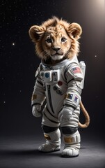 lion wear astronaut suit looking at camera