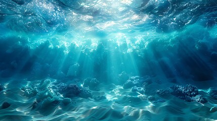 Obraz premium An artistic interpretation of the underwater world with diagonal layers of oceanic blue and turquoise, accented by white shimmering lines to reflect the dance of sunlight across the water's surface.