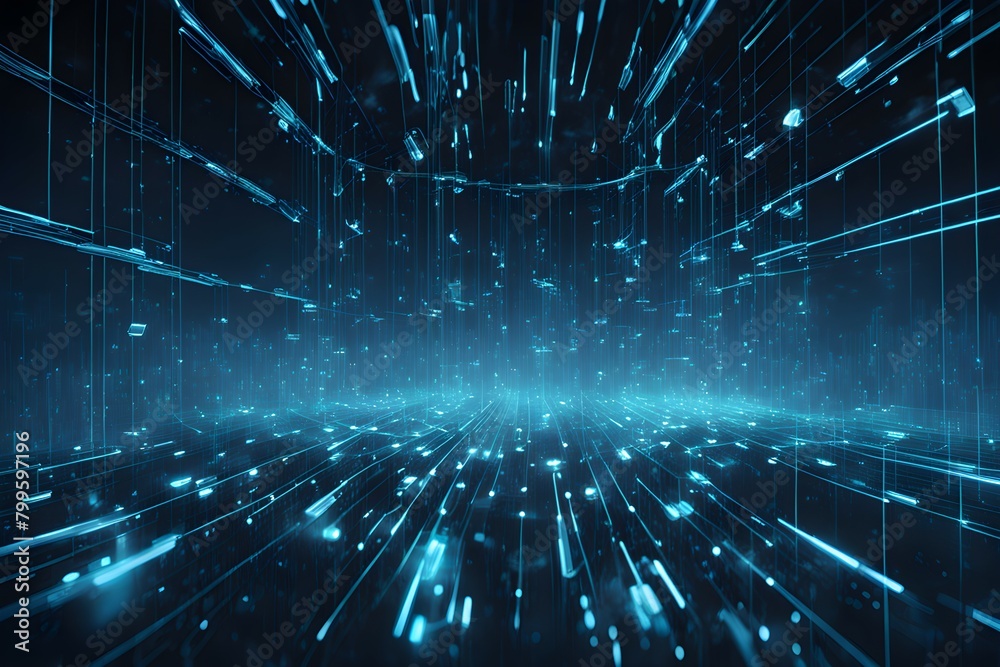 Poster a blue and white image of a computer generated space with many lines and dots