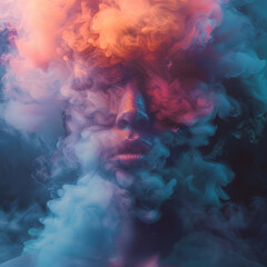 a close up of a person s face surrounded by smoke