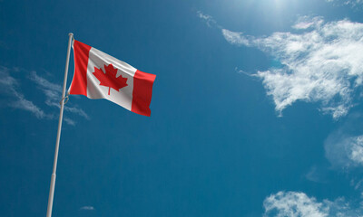 Canada flag blue sky background wallpaper copy space white cloud canadian country national...