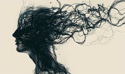 Artistic black line drawing of a woman profile - An abstract black line art depicting the profile of a woman with her hair flowing like wild tendrils, exuding creativity