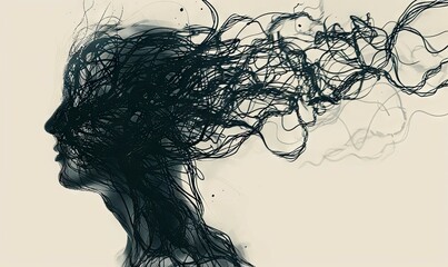 Naklejka premium Artistic black line drawing of a woman profile - An abstract black line art depicting the profile of a woman with her hair flowing like wild tendrils, exuding creativity