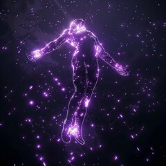 Human figure in space made of purple light particles - An artistic depiction of a human figure floating in space, composed of shimmering purple light particles