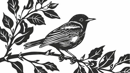 Graphic bird illustration in black and white - An artistic representation of a bird resting on a branch using black outlines and detailed leaf patterns
