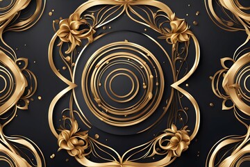 A gold and black design with flowers and circles