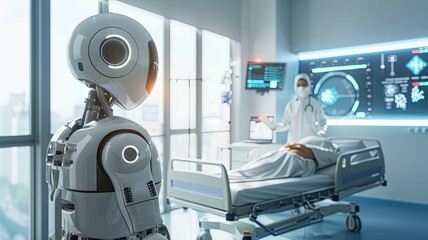 Back view of robot attending to hospital patient - Capturing the integration of robotic technology with healthcare, a robot is featured assisting a human patient in a modern hospital room