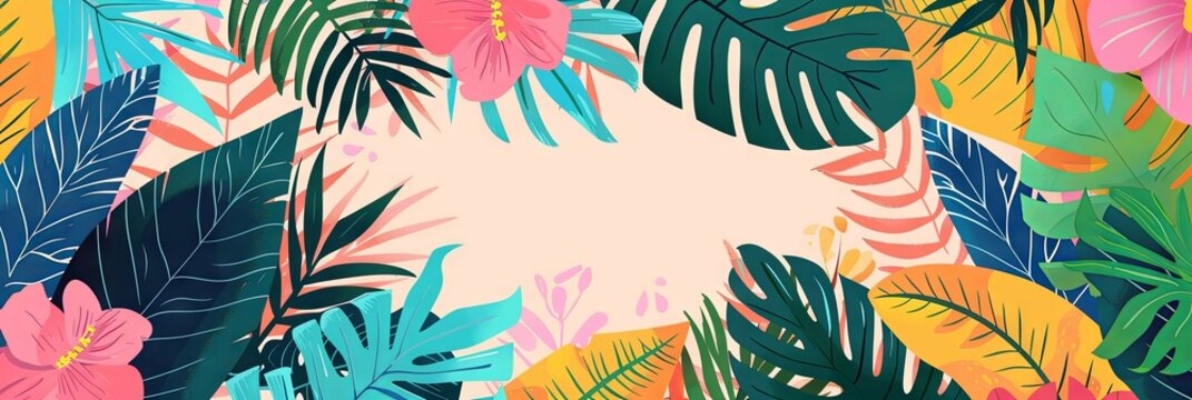 Tropical floral frame with exotic leaves - Bright and colorful tropical foliage frame with space for text in the center, perfect for invitations and summery designs - Powered by Adobe