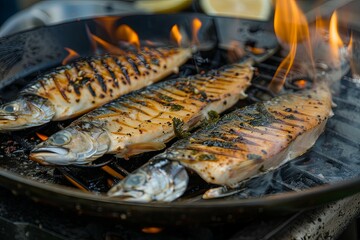 Mackerel on grill with open flames and herbs - Fresh mackerel being grilled on open flames with herbs, capturing a rustic cooking process