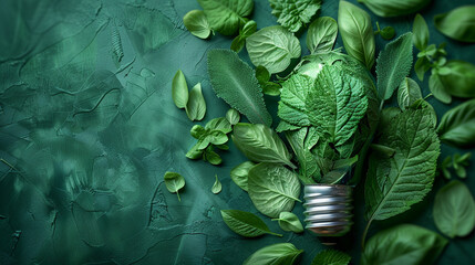 Obraz premium Top view of a lightbulb made with vibrant leaves a