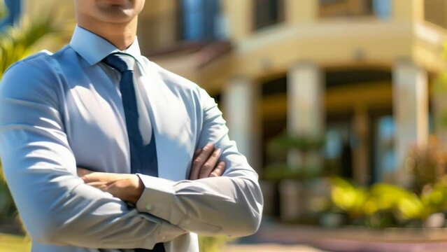 Professional, friendly real estate agent with arms crossed stands in front of attractive house. Conveys trust, expertise, ability to help clients find dream home.
