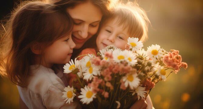 Tender Mother's Day Moment: Mother Embracing Children with Flowers