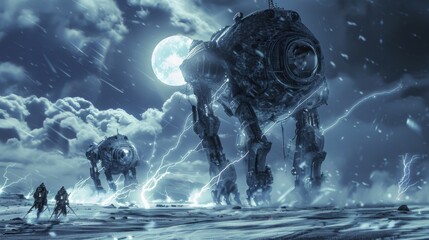 Fototapeta premium The powerful thunder giants their electrical energy crackling around them made an unlikely pact with the gentle moon creatures their . .