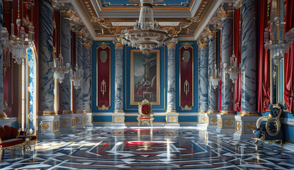 the throne room of the Russian Emperor in St Petersburg, red walls with gold trim and blue marble columns, ornate white chair on platform at center, opulent wall tapestries, geometric floor patterns