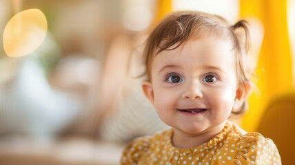 Toddler with big eyes and smile, wearing dotted yellow top