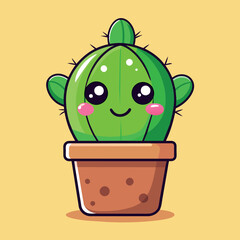 Cute, smiling cactus cartoon character in a brown pot. Vector kawaii vibrant succulent plant, conveying joy. Potted playful, cheerful baby cacti with a big smile, blushing cheeks, and sparkly eyes