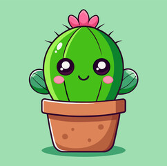 Adorable vector  smiling kawaii cactus baby girl character with a pink flower, housed in a brown pot. Succulent potted plant with cute rosy cheeks, smile  and sparkly big eyes, 