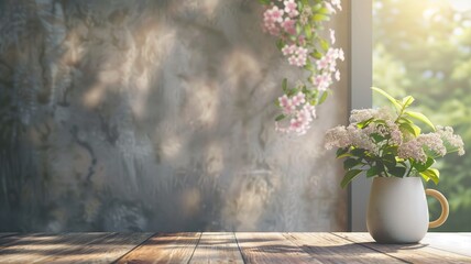 White flowers in jug on wooden table by window, sunlight filtering through