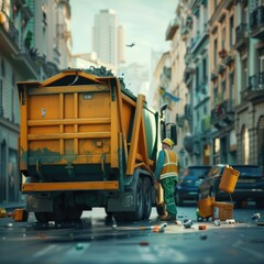 Garbage workers pick up trash cans in city areas and transport them on trucks, work that contributes to city cleanliness and a healthy environment.