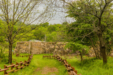 Hiking trail leading to remains of Japanese stone fortress in Suncheon, South Korea.