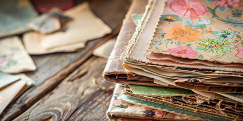Pile of old, floral-patterned scrapbooks on wooden table