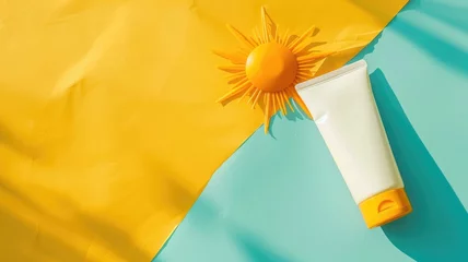 Fotobehang Sunscreen tube on colorful background with sun decoration © Татьяна Макарова