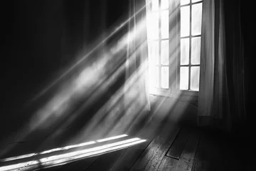 Fotobehang Shadows Dance: A Monochrome Symphony of Light Through the Window © ditaja