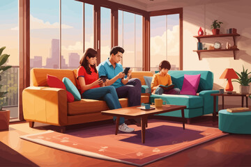 family living room seat sofa phone playing illustration