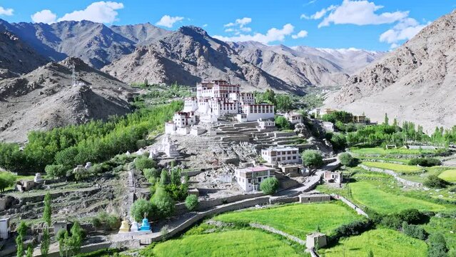 Likir Monastery, Tibetan Monastery of Ladakh, Himalayas from drone, aerial view