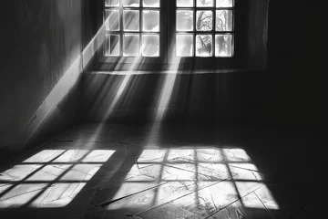 Fotobehang Shadows Dance: A Monochrome Symphony of Light Through the Window © ditaja