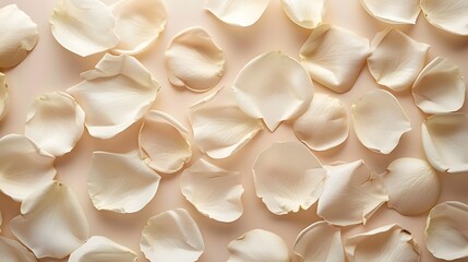 Abstract flower petals in pastel beige embodies beauty and calm. On the beige background, a pattern emerges as white rose petals are scattered, creating an atmosphere that is both elegant and softly. - obrazy, fototapety, plakaty