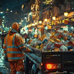 Garbage workers pick up trash cans in city areas and transport them on trucks, work that contributes to city cleanliness and a healthy environment.