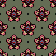 Seamless floral pattern with stylized flowers. Folk style. On green background.