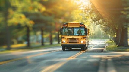 School bus driving down sunlit suburban road